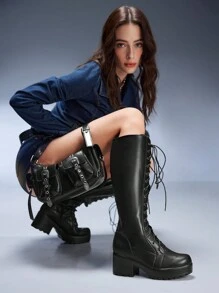 Cuccoo CUCCOO GRLICON Women Lace-Up Front Platform Fashion Black Elegant Outdoor Combat Boots Vacation Shoes Summer Halloween For And Spring Shoes Spring Break Easter