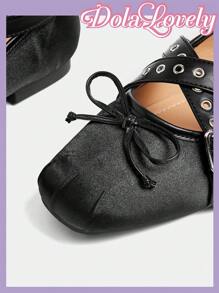 Dola Lovely Women's Spring New Cute Satin Blue Criss-Cross Metal Buckle Ballet Flats, Elegant Sweet Large Size Ladies Flat Shoes Spring Shoes Spring Break Easter For Christmas - Black - View 3