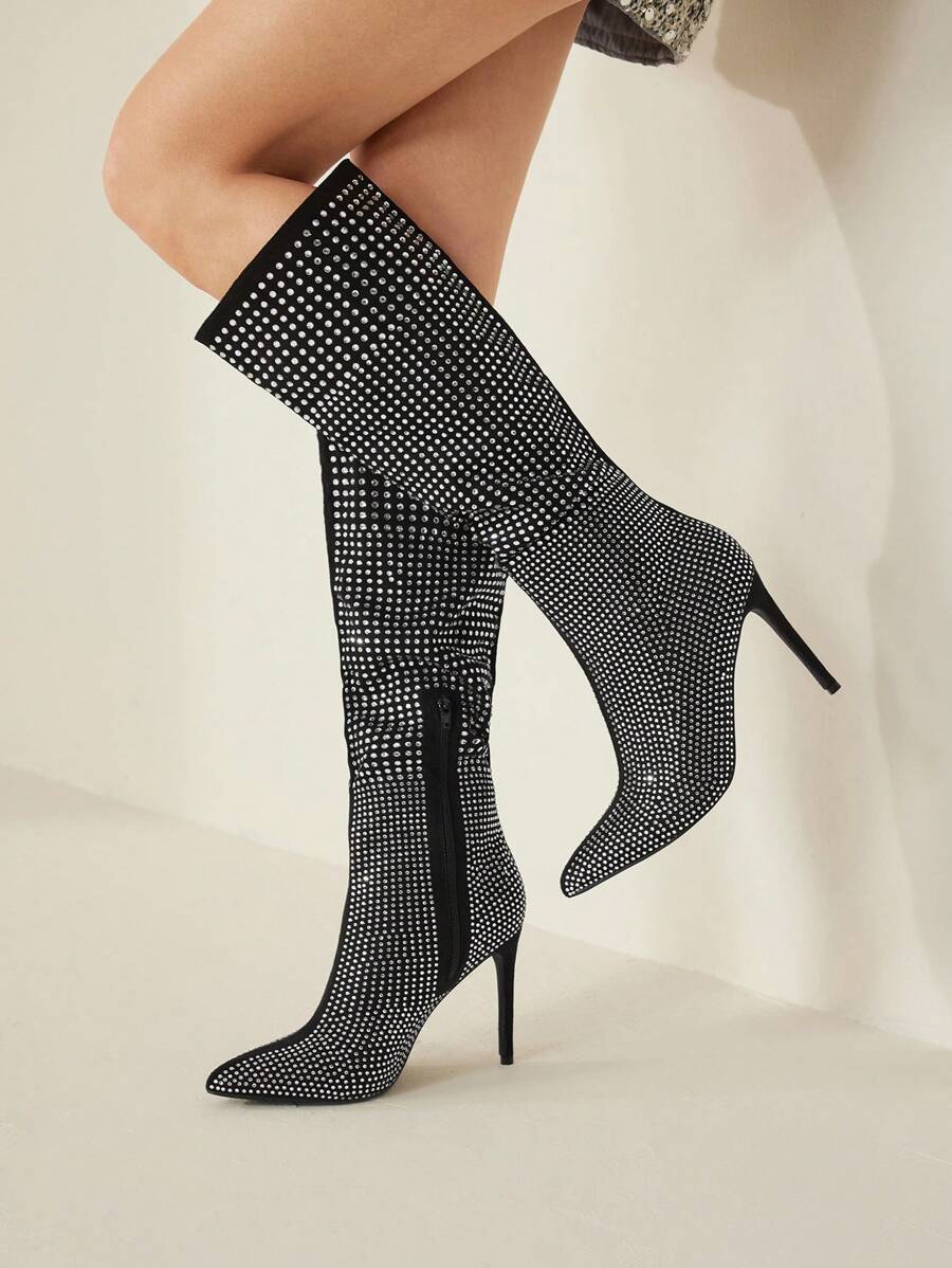 MOTF PREMIUM 女士时尚水钻高跟尖头及膝靴，适合圣诞节和新年假期氛围秋冬季 - 黑色 - 查看 2