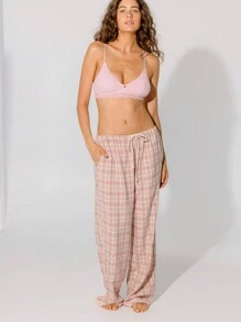 Aralina Cozy Sorbet Check Soft Lace Trim Drawstring Wide-Leg Pants - Pink - View 5