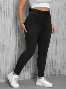 SHEIN EZwear 大码休闲纯色牛仔裤，简约时尚，适合日常穿着 - 黑色 - 查看 3