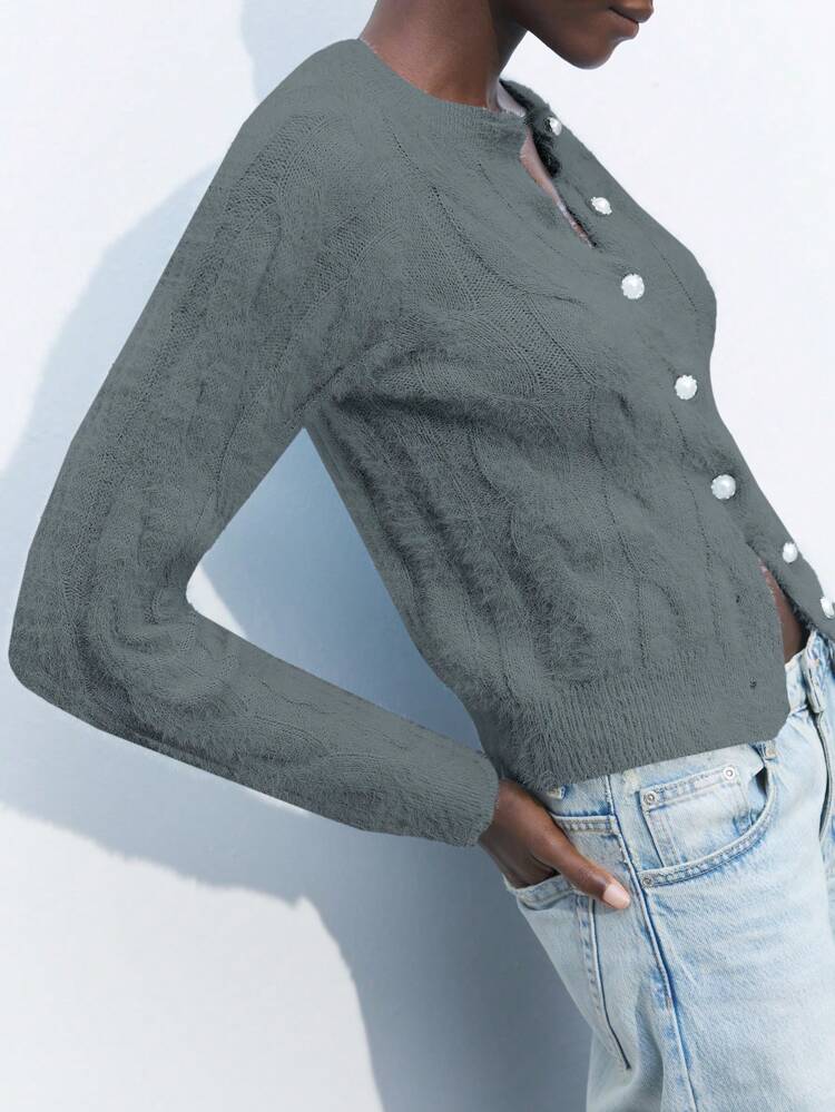 SHEIN Maija Szary, okrągły dekolt, jednorzędowy, z długim rękawem, ze sztucznego moheru, kardigan dla kobiet