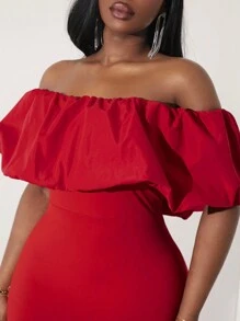 SHEIN SXY Vestido maxi con hombros descubiertos y ajustado para mujer talla grande, nuevo para primavera y verano, con tema de San Valentín en rojo, ideal para bailes, citas, cumpleaños, despedidas de soltera. Es lindo, casual, para ir de compras, salir, y fácil de combinar. Resalta la figura y la estiliza.