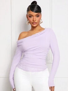 SHEIN SXY Elegant Lady Lace Panel Light Purple Shoulder T-Shirt - Mauve Purple - View 4