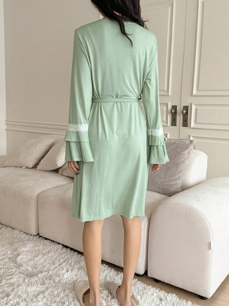 Loose Soft Comfortable Solid Color Lace Patchwork Women's Robe Pajama
