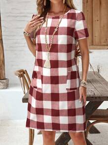 EMERY ROSE Damen Kurzarm Rundhals-Kleid mit Karo-Muster und 2 Taschen, Lässig-Stil