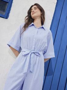 EMERY ROSE Women Striped Batwing Sleeve Casual Wide Leg Shirt Jumpsuit - Blue and White - View 4