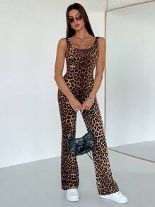 Siren Gaze Women's Leopard Print Skinny Jumpsuit With Wide Strap Winter Party Cheetah Casual Spring