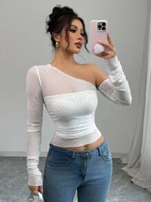 Chiquease Top en maille à encolure asymétrique avec décoration de sequins, mode automne