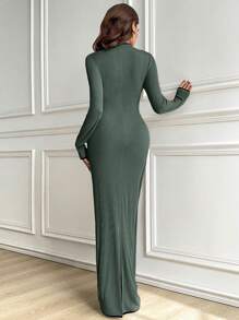 Modelyn 女士撞色绑带圆领长袖系带休闲紧身连衣裙长款晚礼服