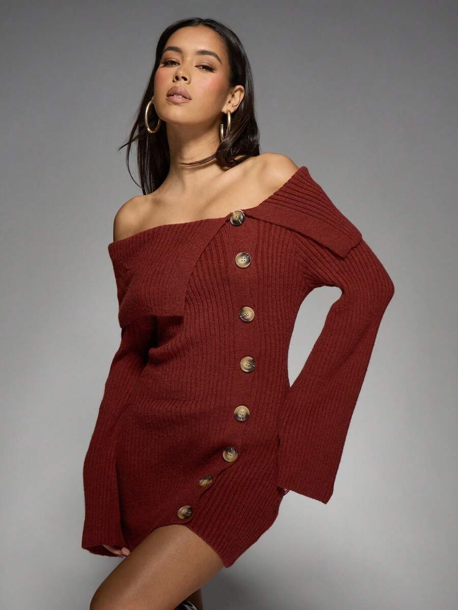 MISSGUIDED 罗纹露肩纽扣前开襟毛衣裙长袖冬季秋季节日派对修身迷你针织连衣裙优雅晚装 - 棕色 - 查看 1