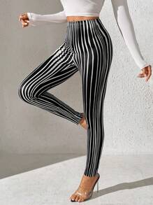 SHEIN Clasi Women's Fashion Contrast Stripe Slim Leggings - Black and White - View 5