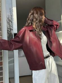DAZY 宽松男友风立领拉链长袖机车夹克，秋季女装外套 - 酒紅色 - 查看 7