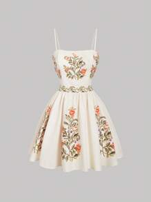 SHEIN MOD Vestido de tirantes finos con estampado de posicionamiento, vestido bohemio mini, ropa occidental para mujer, atuendos para playa para mujer, vacaciones, campo