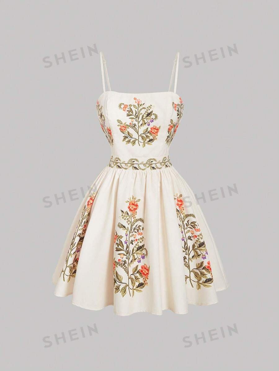 SHEIN MOD Vestido de tirantes finos con estampado de posicionamiento, vestido bohemio mini, ropa occidental para mujer, atuendos para playa para mujer, vacaciones, campo