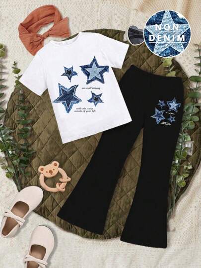 青少年女孩 2 件套夏季口号和星星印花圆领短袖 T 恤和喇叭裤休闲装