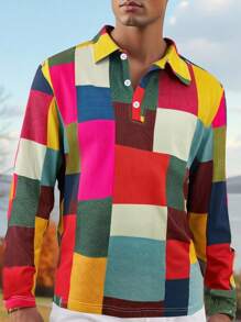 Men's Casual Loose Plaid Print Long Sleeve POLO Shirt, Autumn