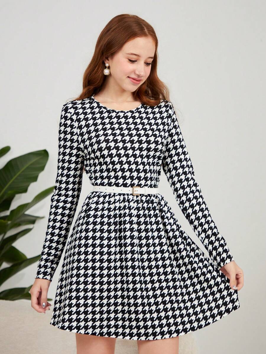 SHEIN 少女圣诞格子印花针织圆领毛衣裙