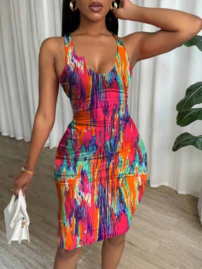 Zolique Robe moulante sans manches à plis tie dye pour les vêtements du Nouvel An