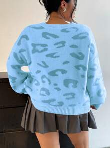 Flirla Suéter de punto de talla grande con cuello redondo y ajuste holgado con estampado de leopardo, otoño/invierno