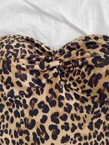 Soleia Women's Holiday Bandeau Twist Vintage Leopard Print Layered Ruffle Hem Cinched Waist Mini Dress, For Parties