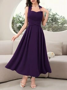 Modelyn 女士纯色露背紫色连衣裙，优雅无袖长款晚礼服 - 紫色 - 查看 6