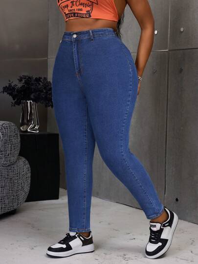 SHEIN CURVE+ 大码女式前口袋修身九分裤，休闲日常穿着