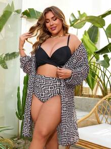 SHEIN Swim Curve Conjunto de 3 piezas de traje de baño para mujer de talla grande: Top de bikini con estampado geométrico y rayas con aros, Bottom a juego, y cubre todo de manga larga holgado para playa y vacaciones de verano