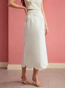 MOTF PREMIUM FLORAL PATCHED SCALLOP TRIM SKIRT - White - View 7