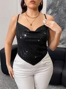SHEIN Privé Plus Size Dames Elegante Mode Pailletten Laag Uitgesneden Cami Top, Geschikt Voor Feesten, Muziekfestivals, Dates, Het Hele Jaar Door