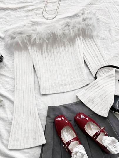 Soleia 大码女式安哥拉露肩喇叭袖毛衣上衣，带流苏饰边，适合秋冬季度假