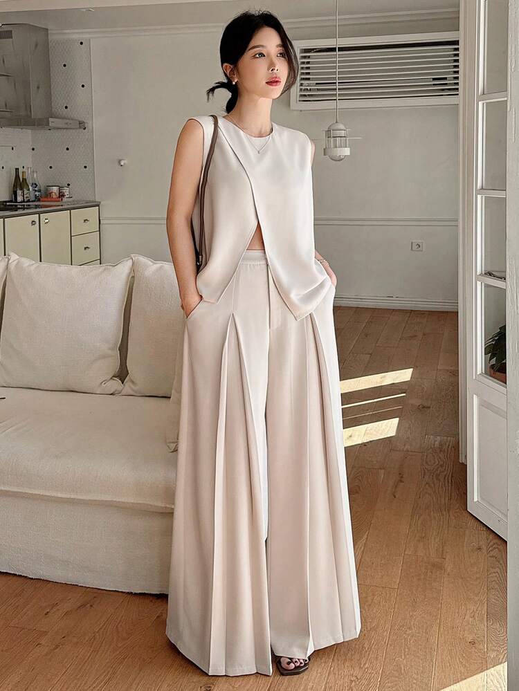 2pcs/Set Solid Color Round Neck Sleeveless Split Back Camisole Top And Wide Leg Pants Suit For Women Work Women Clothes