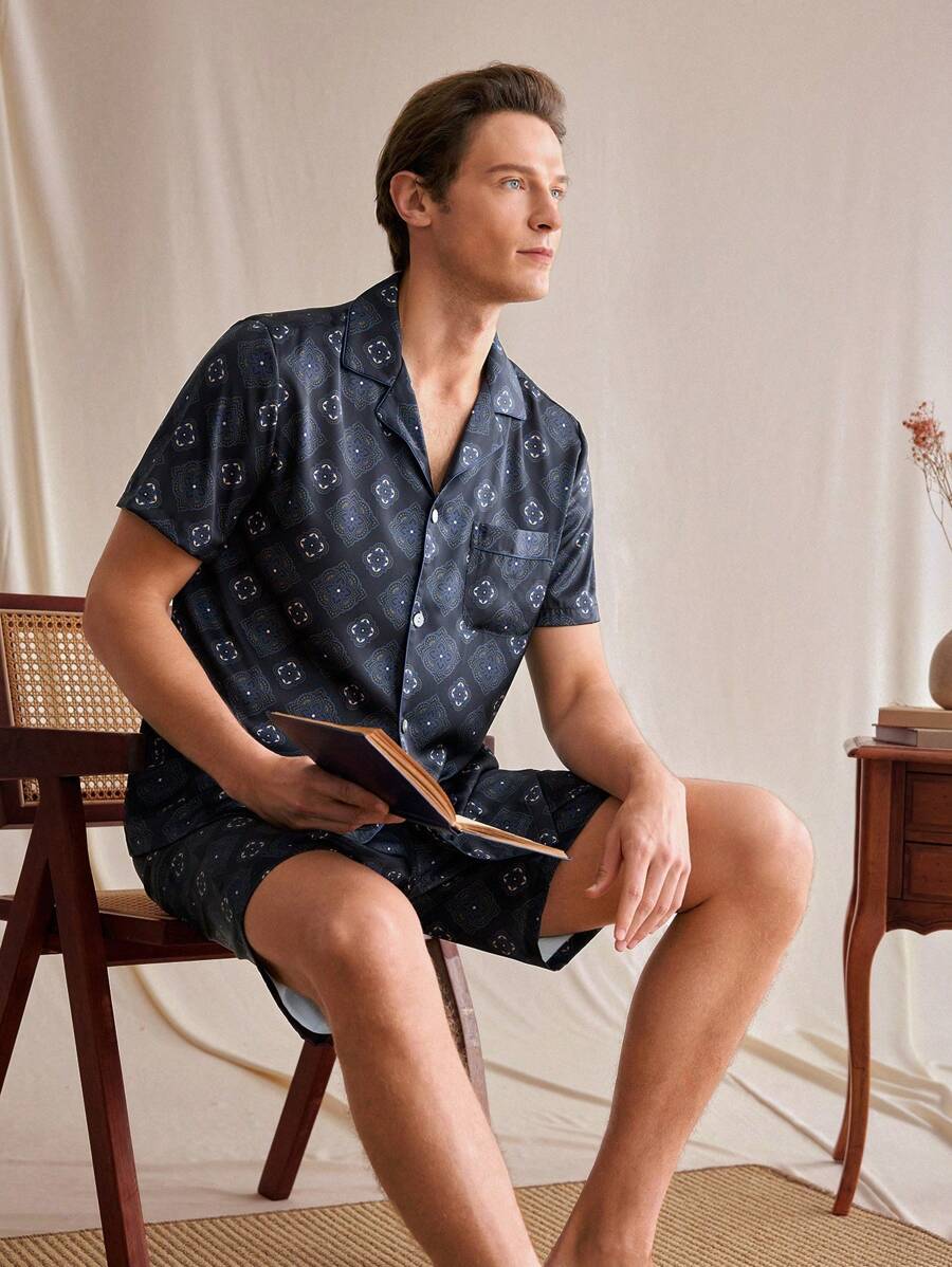 EverLounge Bộ đồ ngủ 2 món áo sơ mi tay ngắn một hàng khuy in hoa và quần short cho nam - Nhiều màu - Xem 1