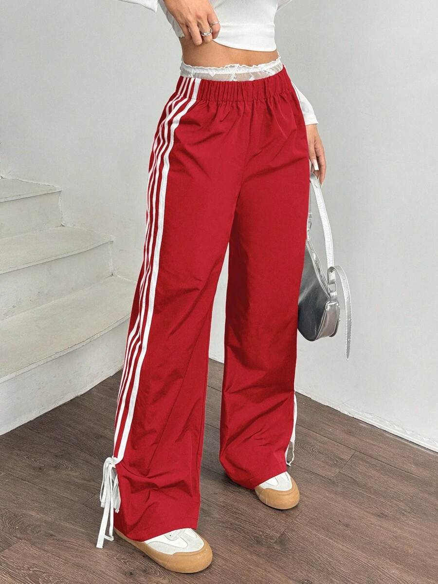 SHEIN EZwear 女士黑色侧面撞色白色带子松紧腰裤 - 紅色 - 查看 1