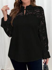 SHEIN Clasi Plus Size Elegant Solid Color Lace Panel Blouse, For Autumn