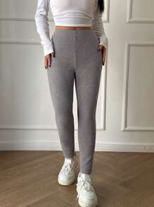 SHEIN Unity Women's Solid Color Casual Leggings, Minimalist Style For Daily Wear Fall Cloth For Women - Grey - View 4