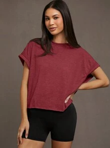 SHEIN Essnce Áo thun nữ tay ngắn cổ tròn hở lưng màu trơn đơn giản - Màu Đỏ Sâu - Xem 2