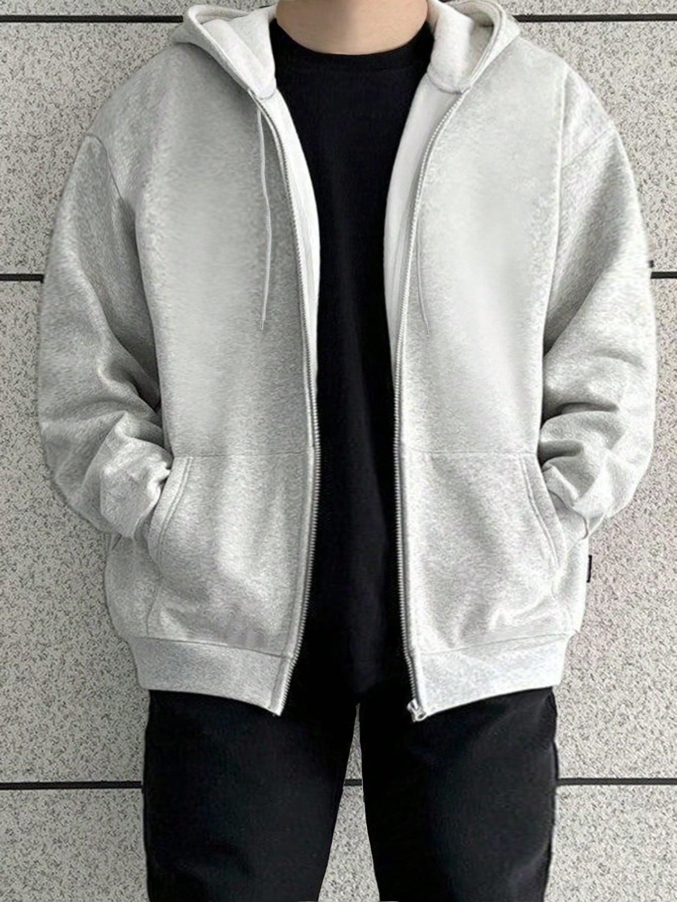 Manfinity Dauomo Plus Size Men's Solid Color Drop Shoulder Long Sleeve Zip Front Drawstring Hooded Sweatshirt, Autumn/Winter