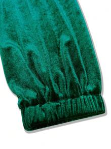 秋冬圆领修身高腰长袖丝绒连衣裙，优雅女士春季连衣裙 - 綠色 - 查看 6