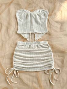 Soleia 2pcs/Set Women's Solid Twist Bandeau Top & Side Drawstring Mini Skirt Two Pieces Set, Valentine's Day, Vacation, Summer Western Wear, Birthday Beach Outfit,Vacation Outfits Woman,Mardi Gras