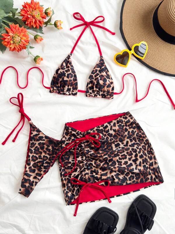 Soleia Set de bikini pentru femei cu imprimeu leopard și culoare roșie, 3 buc, vacanță