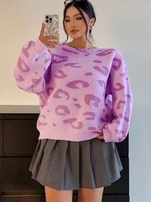 Flirla Plus Size Leopard Pattern Loose Knitted Dropped Shoulder Long Sleeve Crew Neck Sweater, Autumn/Winter Fall - Red Violet - View 3