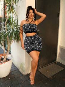 SHEIN SXY Women Fashionable Pearl Decorated Halter Top And Skirt Set