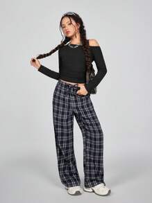 SHEIN Tween Girls Spring/Summer Basic Plaid Comfortable Baggy Straight Pants - Blue - View 5