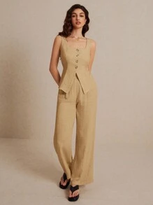 Poéselle 夏季亚麻西装背心两件套女士时尚纯色纽扣撞色无袖上衣和裤子套装穿着舒适面料透气柔软适合通勤日常度假穿着 - 卡其色 - 查看 1