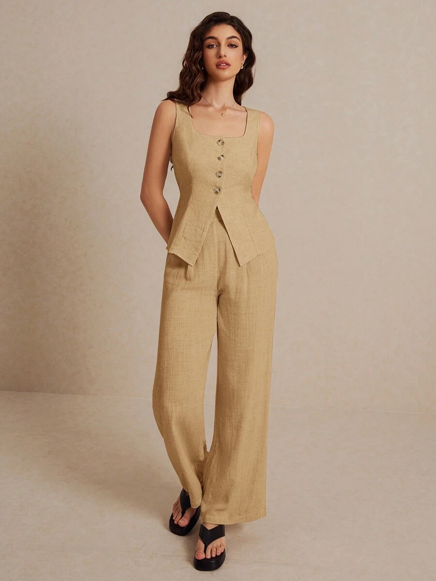 Poéselle 夏季亚麻西装背心两件套女士时尚纯色纽扣撞色无袖上衣和裤子套装穿着舒适面料透气柔软适合通勤日常度假穿着 - 卡其色 - 查看 1