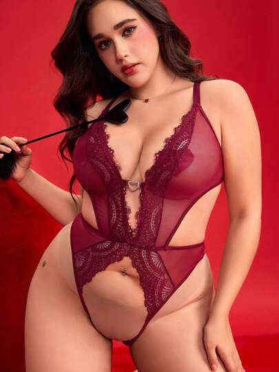 Plus Size Lace & Mesh Patchwork Heart Hollow Lingerie Bodysuit, Romantic For Valentine's Day