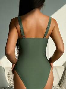 Hot Selling Solid Color Ruched One-Piece Swimsuit For Beach Vacation, Spring/Summer - Army Green - View 2