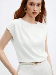 BizChic Women's Solid Color Round Neck Pleated Decor Loose Cap Sleeve Top, Basic Urban Commute Style, Simple Elegant Fashion Business Casual , Suitable For Teachers And Office Wear