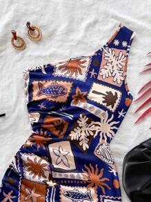 Soleia Women Vacation Knitted Textured One-Shoulder Ruched Waist Vintage Marine Creature Print Bodycon Mini Dress - Multicolor - View 3